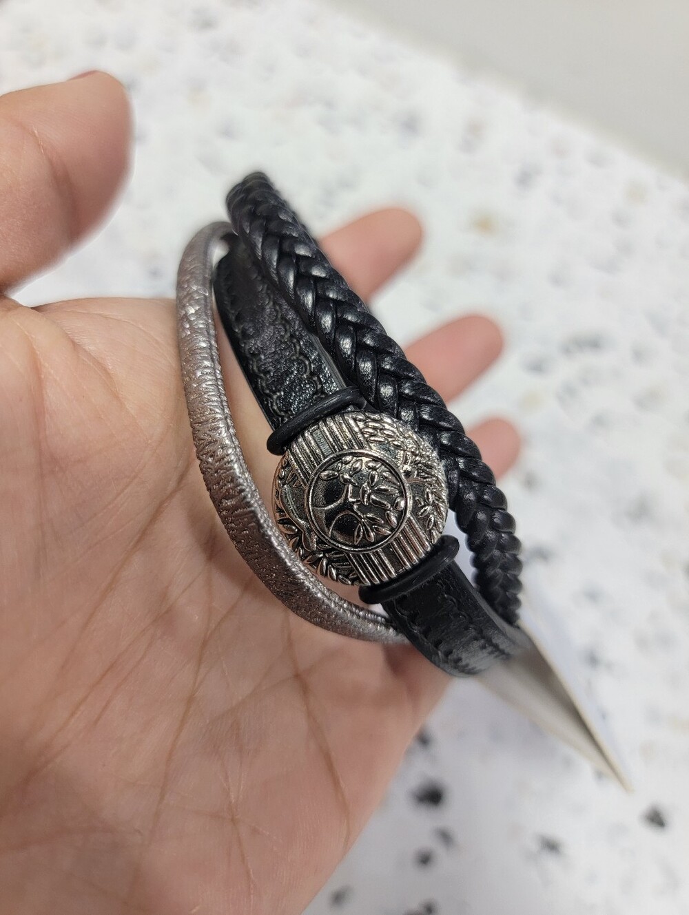 Men's Black & Silver Braided Leather Wrap Bracelet